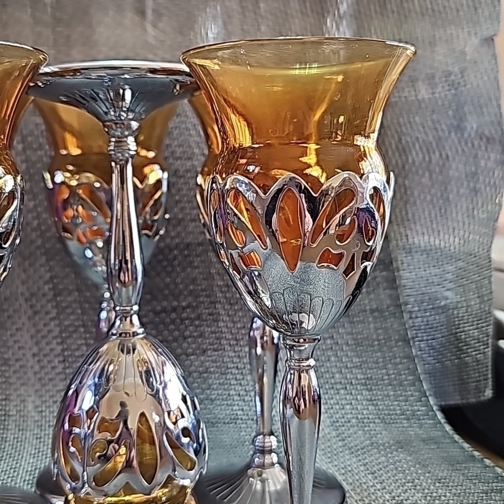 Vintage Farber Brothers Amber Silver Stems Glassware 6 Cordial Sherry Glasses - Picture 7 of 10